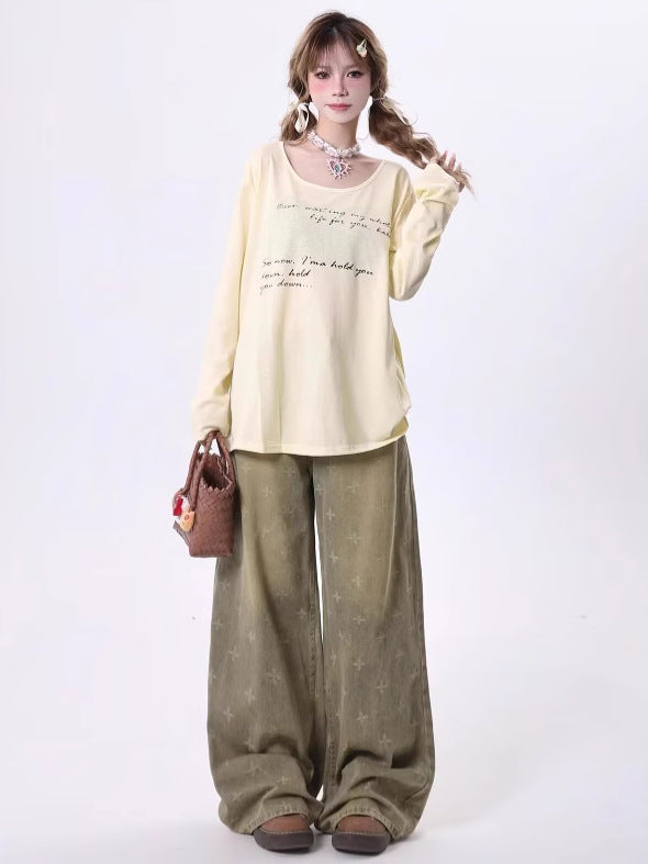 Womens Retro Heavy-Print Cross-Star Design Wide Straight Pants