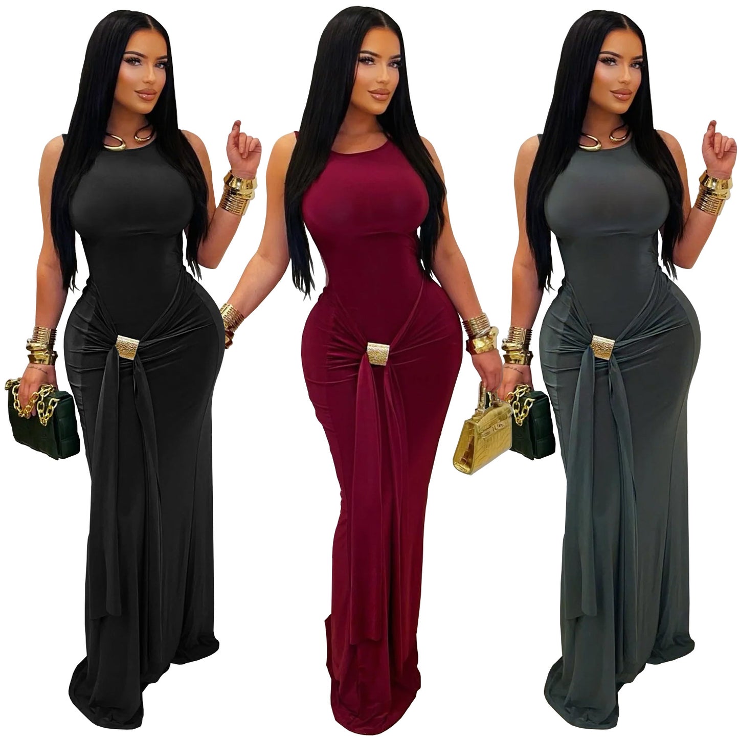 Stylish Womens Solid-Color Figure-Hugging Backless Dress