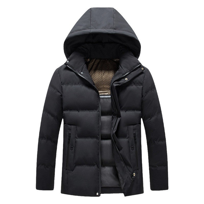 Mens Padded Cotton Coat With Fleece-Lined Detachable Hood