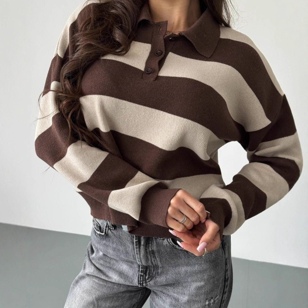 Lapel Half-zip Sweater Loose-fit Knit Top